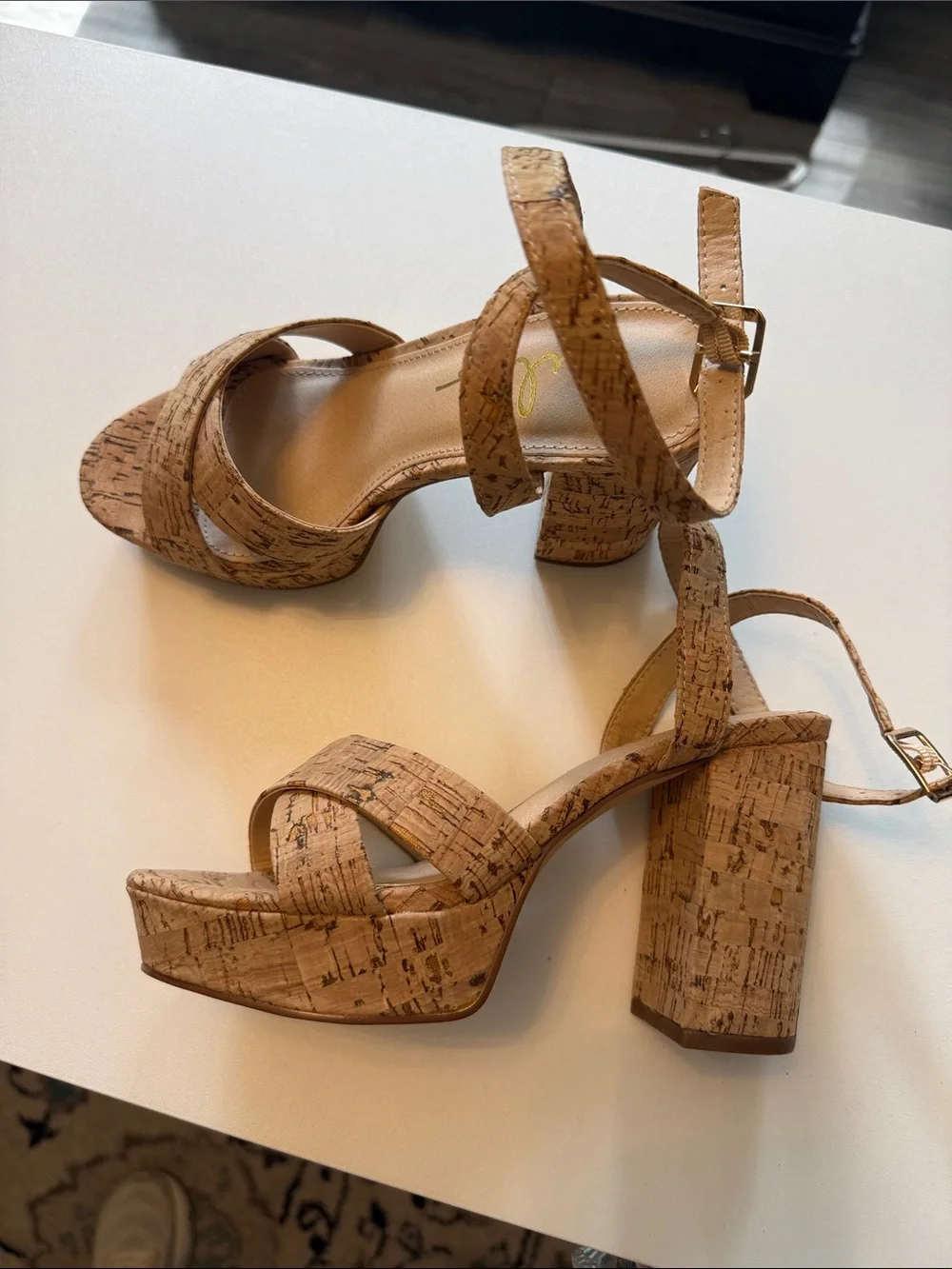 Lulu's Cork-Textured Block Heel Sandals in Tan